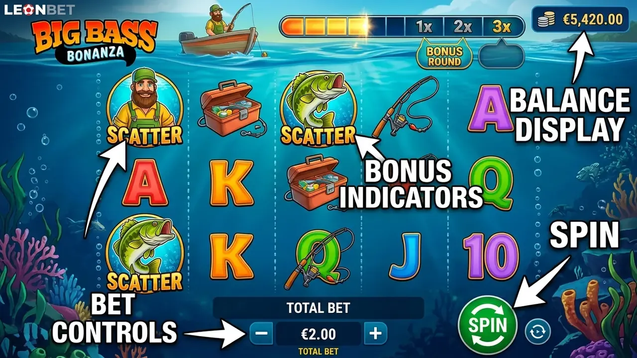 big bass bonanza play interface showing reels.