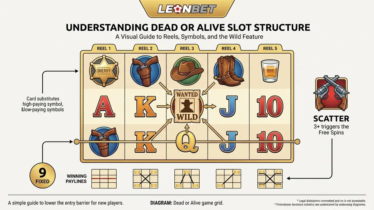 dead or alive slot grid showing reels symbols and wild feature